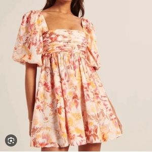 Orange puff sleeve mini baby doll dress